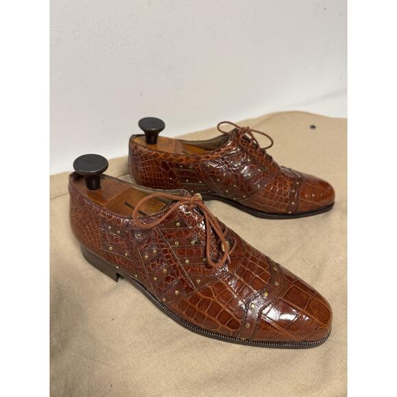 R. Martegani Shoes Mens Size 9 Brown Oxford Croc Embossed Made in Italy Leather main image 7